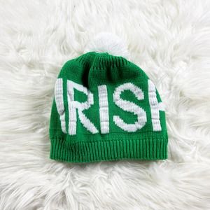 Green and White Pom Knit Beanie Hat